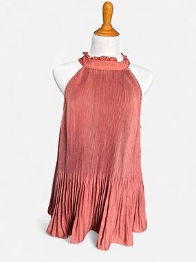 Arula Sleeveless Ruffled High-Neck Pleated Tank Top - Coral